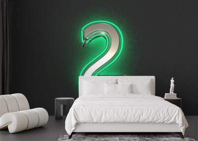 Silver brassy with emerald outline and green backlight alphabet - number 2 isolated on grey background, 3D illustration of symbols Wall mural