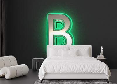 Silver brassy with emerald outline and green backlight font - letter B isolated on grey background, 3D illustration of symbols Wall mural