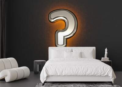 Silver metal alphabet with outline and yellow noisy backlight - question mark isolated on grey background, 3D illustration of symbols Wall mural