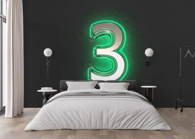 Silver metallic with emerald outline and green backlight font - number 3 isolated on grey background, 3D illustration of symbols Wall mural