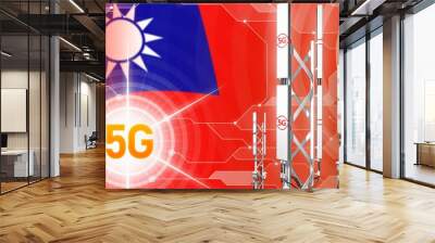 Taiwan Province of China 5G industrial illustration, large cellular network mast or tower on modern background with the flag - 3D Illustration Wall mural