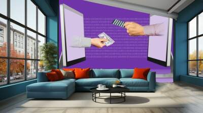 technology concept, two hands from laptops. hand with cash money and hand with medicine pills . 3d illustration Wall mural