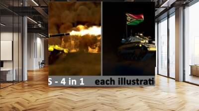 Vanuatu army concept - 4 detailed pictures of heavy tank with not real design with Vanuatu flag, military 3D Illustration Wall mural