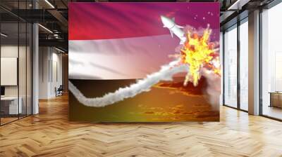 Yemen intercepted supersonic missile, modern antirocket destroys enemy missile concept, military industrial 3D illustration with flag Wall mural