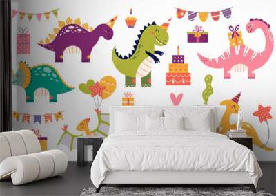 Cartoon cute dinosaurs set for birthday party Wall mural