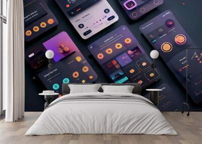 Modern user interface design template. Conceptual mobile phone screen mock-up for application interface.  Aesthetic, dark purple, orange, blue, black. Wall mural