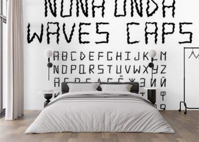 Hand drawn alphabet, written grunge font with wavy letters sans serif: black capital latin and cyrillic letters, numbers and main punctuation. Vector illustration Wall mural