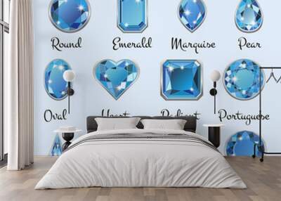 Set of different types of cuts of precious stone Topaz in realistic shapes in light blue color with silver edging. Vector illustration Wall mural