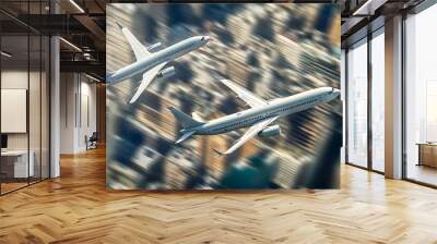 Aerial view of two airplanes, one large and one small, flying in formation with a cityscape below, symbolizing a successful airline acquisition and strategic partnership. Wall mural