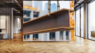 Close-up of a steel beam being lifted by a crane in a construction site, symbolizing the sale and transportation of steel in a construction project, with a shiny metallic surface reflecting Wall mural