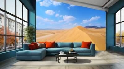 Expansive Desert Landscape with Undulating Sand Dunes Under Clear Blue Skies, Captured in Ultra-Wide-Angle for High Definition Detail. Cinematic Texture Showcasing Stunning Natural Scenery with High C Wall mural