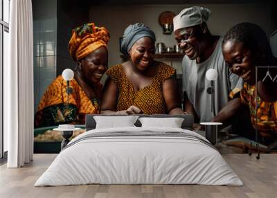 A fictional person. A happy family cooking and sharing a meal together in the kitchen Wall mural