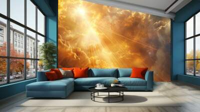 God light in heaven symbolizing divine presence, truth, spiritual illumination, God love and grace. Light beams blessing world with heavenly light Wall mural