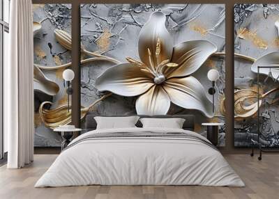 panel wall art, marble background with flowers designs , wall decoration, golden and silver lily flowers on marble background, 3d render of gold and silver lily flowers on marble background Wall mural