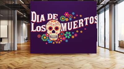 Dia De Los Muertos banner skull decorated with colorful flowers, mexican event, Fiesta, party poster, holiday greeting card Wall mural