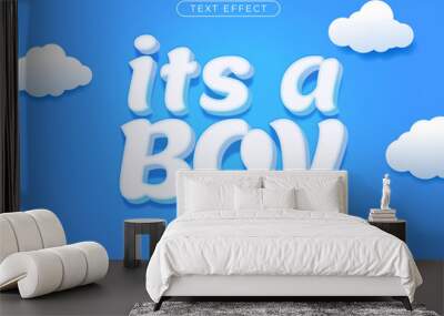 Fluffy white text effect on blue background. Editable font style Wall mural