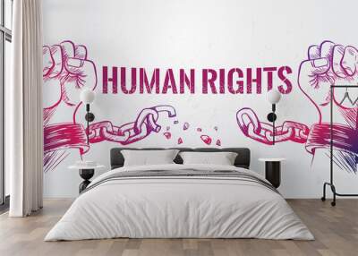 Sketched Hand fist raise up breaking the chain, International  Human Rights Day poster grunge texture, vector Illustration Wall mural