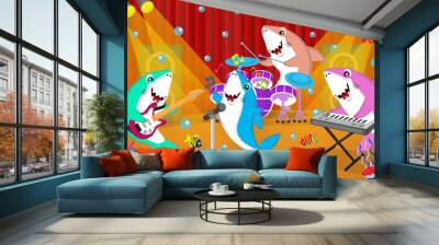 illustration of cute shark band, playing musical instruments, guitar, drums, keyboard and singing, suitable for children's story books, posters, websites, mobile applications, games and more Wall mural