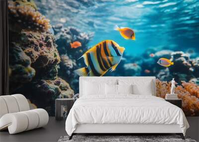 Life under the sea beautiful fish swimming on coral reefs and rocks. Nemo fish and beautiful striped fish swim Wall mural