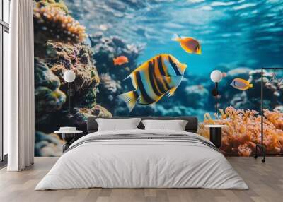 Life under the sea beautiful fish swimming on coral reefs and rocks. Nemo fish and beautiful striped fish swim Wall mural