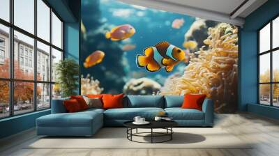 Life under the sea beautiful fish swimming on coral reefs and rocks. Nemo fish and beautiful striped fish swim Wall mural