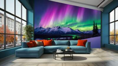 Celestial Ballet: A Symphony of Green and Purple Auroras Wall mural