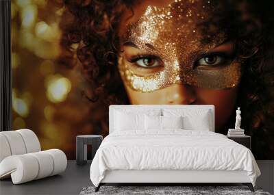 Close-up shot of a beautiful girl with a dark complexion, she has golden colors on her face, the shadow of the sun falls on her face, masquerade on her face, curly hair, full lips, a slight smile. Wall mural