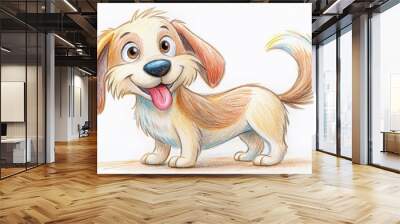 Adorable cartoon dog with floppy ears and wagging tail, created with colorful pencils and whimsical lines, sits on Wall mural