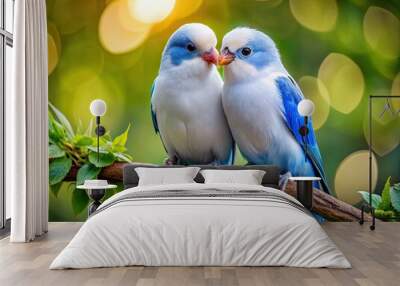 Charming White and Blue Love Birds Perched Together in a Natural Setting Capturing Affectionate Moments Wall mural