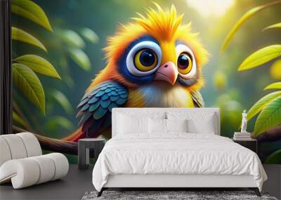 Colorful cartoon bird with big eyes and yellow feathers perched on a branch in a playful pose Wall mural