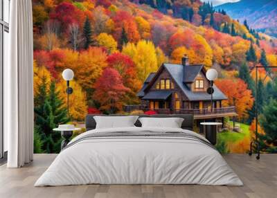 Cozy Mountain House Surrounded by Vibrant Fall Foliage Under a Clear Blue Sky in Autumn Season Wall mural