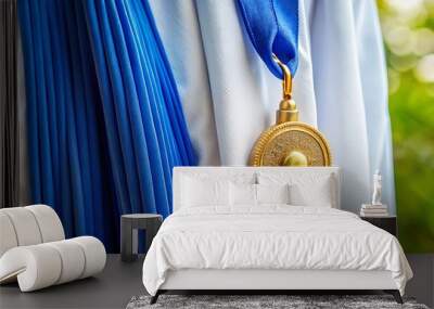 Gold tassel and shiny medal adorn a blue sash draped over a crisp white gown, set against a Wall mural