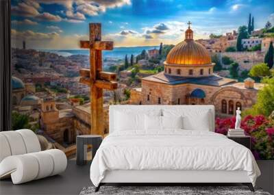 Historic site of Jesus' crucifixion and burial, showcasing ancient architecture and spiritual significance Wall mural