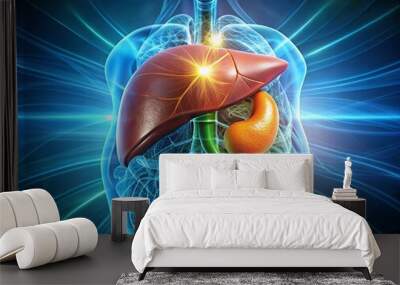 Illuminated 3D illustration of the human liver and gallbladder, showcasing their anatomical structure and relationship, Wall mural