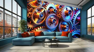 Intricate Gear Mechanism Illustration Featuring Interlocking Cogs and Industrial Design Elements Wall mural