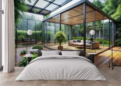 Modern minimalist glass room with sleek wooden flooring, floor-to-ceiling windows, and lush greenery outside, offering Wall mural