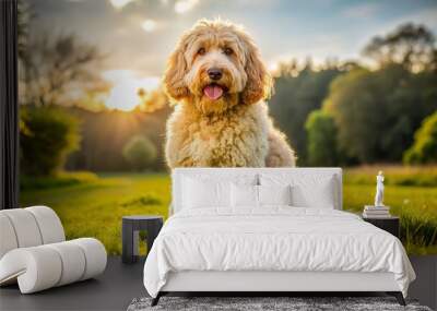 Playful Indian Doodle Dog with Fluffy Coat Sitting on Grass in Bright Sunny Day Outdoors Wall mural