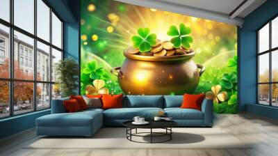 Shimmering Pot of Gold Surrounded by Green Clover Leaves on a Bright St. Patrick's Day Background Wall mural