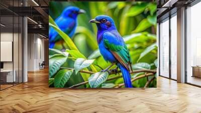 Vibrant Blue Tropical Birds Perched Among Lush Green Foliage in a Serene Natural Environment Wall mural