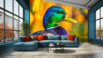 Vibrant Colors of a Mallard Duck Showcasing Iridescent Feathers in a Natural Setting Wall mural