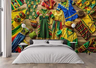 Vibrant Jamaican Clothing Collection Showcasing Traditional Colors and Patterns for Cultural Fashion Wall mural