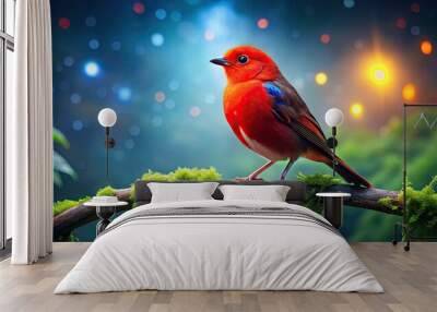 Vibrant Red Bird Perched on a Branch Against a Soft Focused Natural Background in Bright Daylight Wall mural