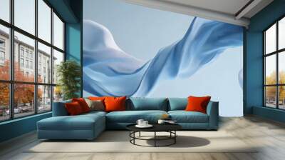 3D display pastel blue background with silk cloth flying. Satin fabric in motion. Frosting Cold wind. Nature Beauty, cosmetic product presentation template. Luxury winter mockup. 3d render banner Wall mural