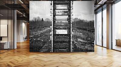 A black and white photograph of a train track landscape with no trains in sight Wall mural