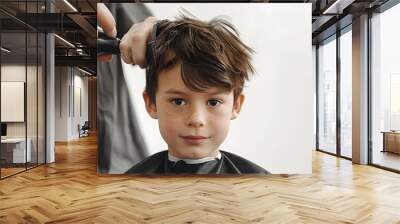 A boy is cut his hair by hair dresser isolated over white background Wall mural