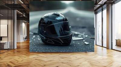 A broken black motorcycle helmet lying on the side of an empty road, suggesting a past accident or potential danger, and emphasizing the importance of safety gear for riders. Wall mural