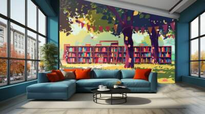 A charming scene of a colorful outdoor book fair under a canopy of trees and festive bunting on a sunny day Wall mural