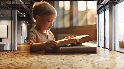 A child's small hands eagerly open a Bible for the first time. Wall mural