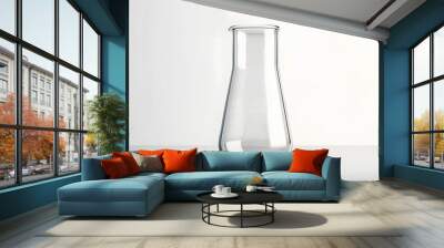 A clear glass beaker with a narrow neck and rounded body stands upright on a pure white background, isolated and centered with a subtle shadow. Wall mural