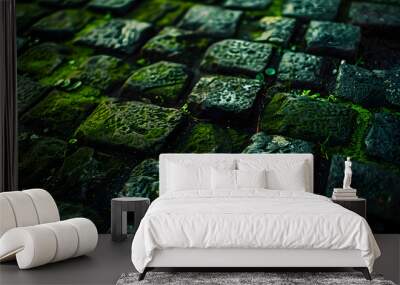 a close up shot of a moss covered brick wall Wall mural